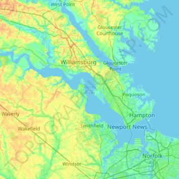 Mapa topográfico James River, altitud, relieve