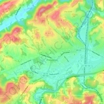 Mapa topográfico Princeton, altitud, relieve