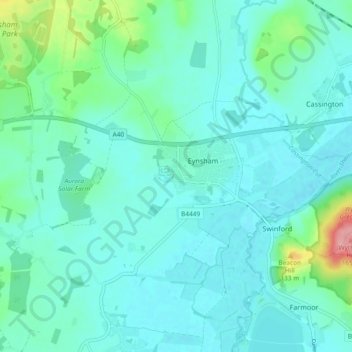 Mapa topográfico Eynsham, altitud, relieve