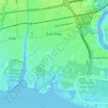 Mapa topográfico East Islip, altitud, relieve