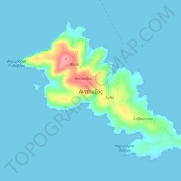 Mapa topográfico Antipaxos, altitud, relieve