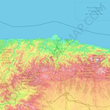 Mapa topográfico Asturien, altitud, relieve