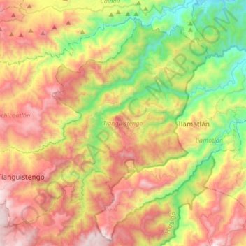 Mapa topográfico Tianguistengo, altitud, relieve