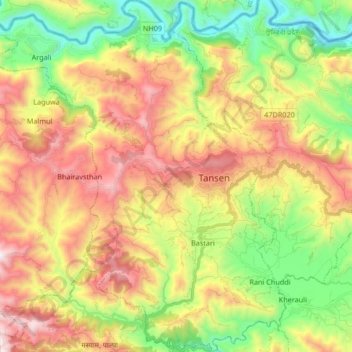 Mapa topográfico Tansen, altitud, relieve