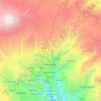 Mapa topográfico Machaguay, altitud, relieve