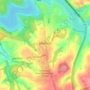 Mapa topográfico Jacobus, altitud, relieve
