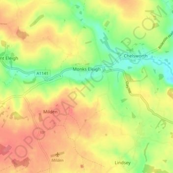 Mapa topográfico Monks Eleigh, altitud, relieve