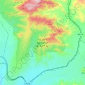 Mapa topográfico las lomas de lachay, altitud, relieve