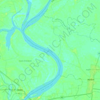 Mapa topográfico Meghna River, altitud, relieve