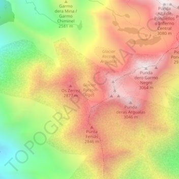 Mapa topográfico Glaciar Rocoso Algas, altitud, relieve