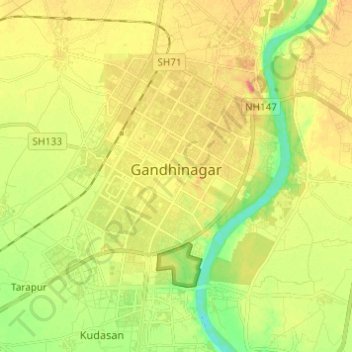 Mapa topográfico Gandhinagar, altitud, relieve