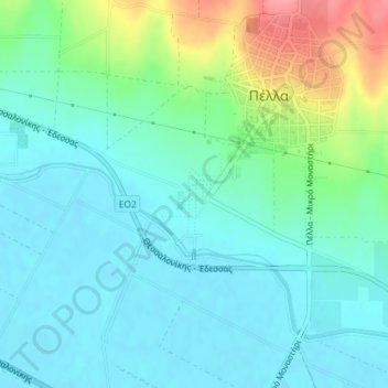 Mapa topográfico Pella, altitud, relieve