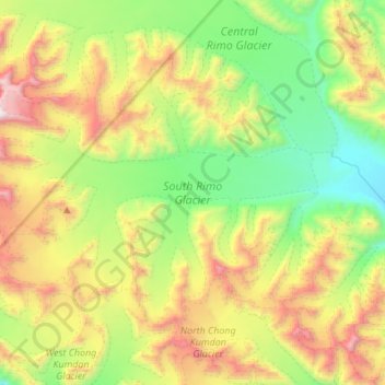 Mapa topográfico South Rimo Glacier, altitud, relieve