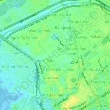 Mapa topográfico Lyari Town, altitud, relieve