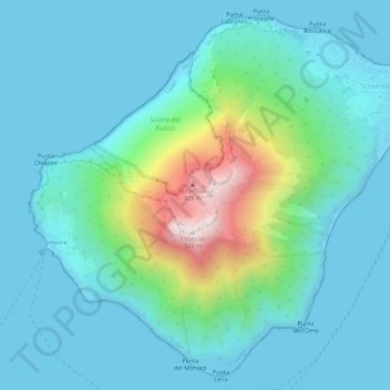 Mapa topográfico Isola di Stromboli, altitud, relieve