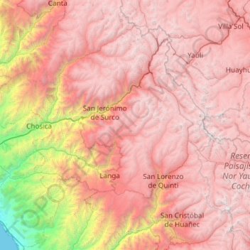 Mapa topográfico Huarochirí, altitud, relieve